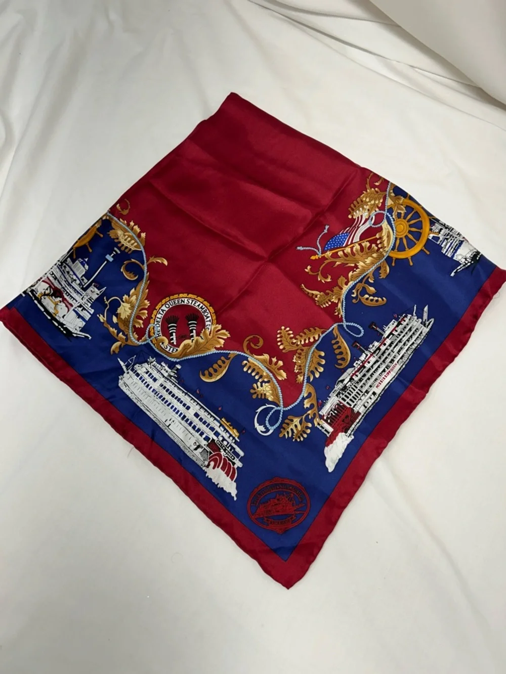 Vintage The Delta Queen Steamboat Co Red and Navy Silk Decorative Souvenir Scarf - Picture 1 of 8
